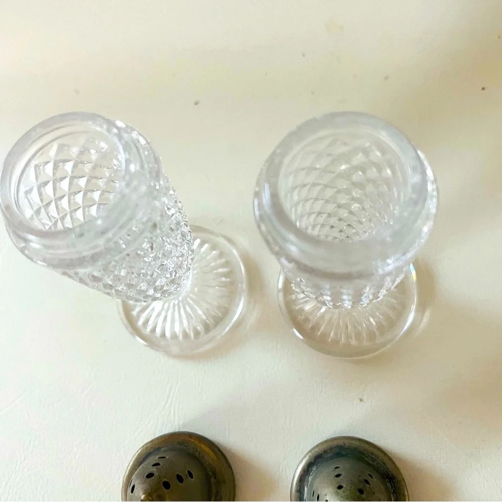 Vintage 1950’s Cut Glass Salt and Pepper Shakers with Metal Lids